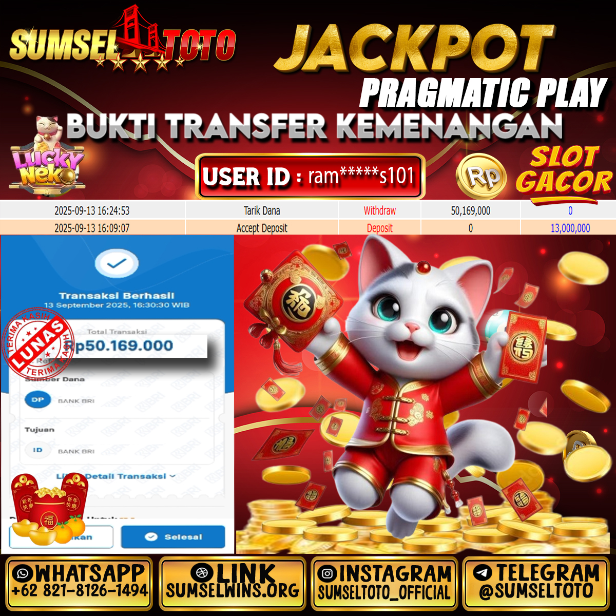 SUMSELTOTO JACKPOT LUCKY NEKO Rp.50,169,000.,- LUNAS